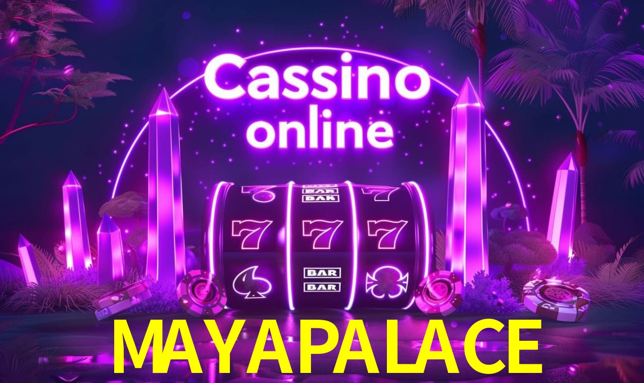 Escena dinámica inspirada en casino con iluminación MAYAPALACE, cartas, fichas e íconos de juegos digitales en un espacio moderno de juegos.