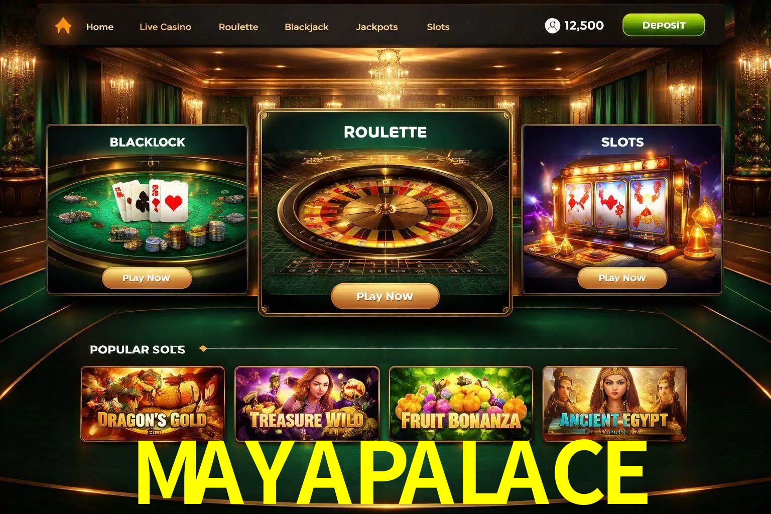 Vista de la plataforma MAYAPALACE Casino mostrando categorías organizadas de juegos en línea