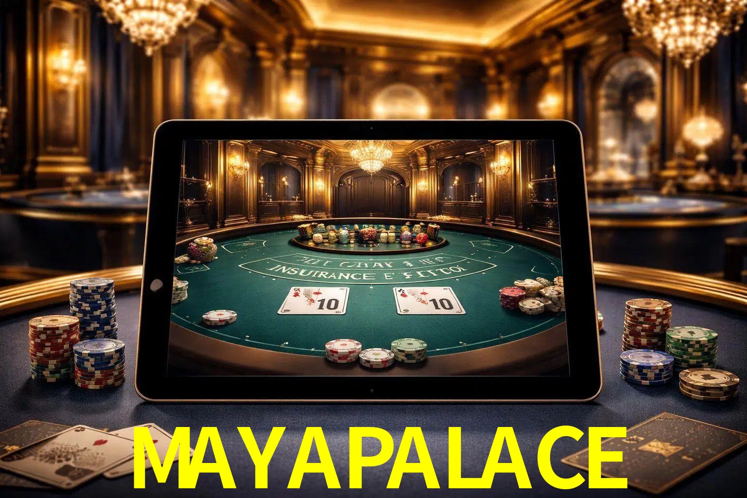 Configuración moderna de casino en vivo con una tableta mostrando una mesa de blackjack, luces cálidas de estudio y una atmósfera elegante de juegos digitales.
