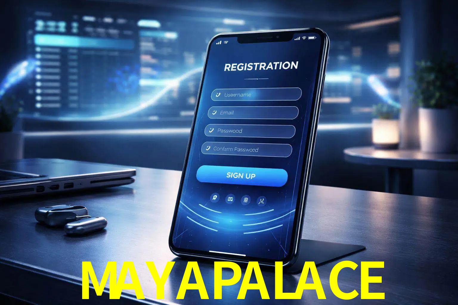 Una interfaz moderna de registro móvil para MAYAPALACE mostrada en un smartphone con un panel de apuestas elegante.